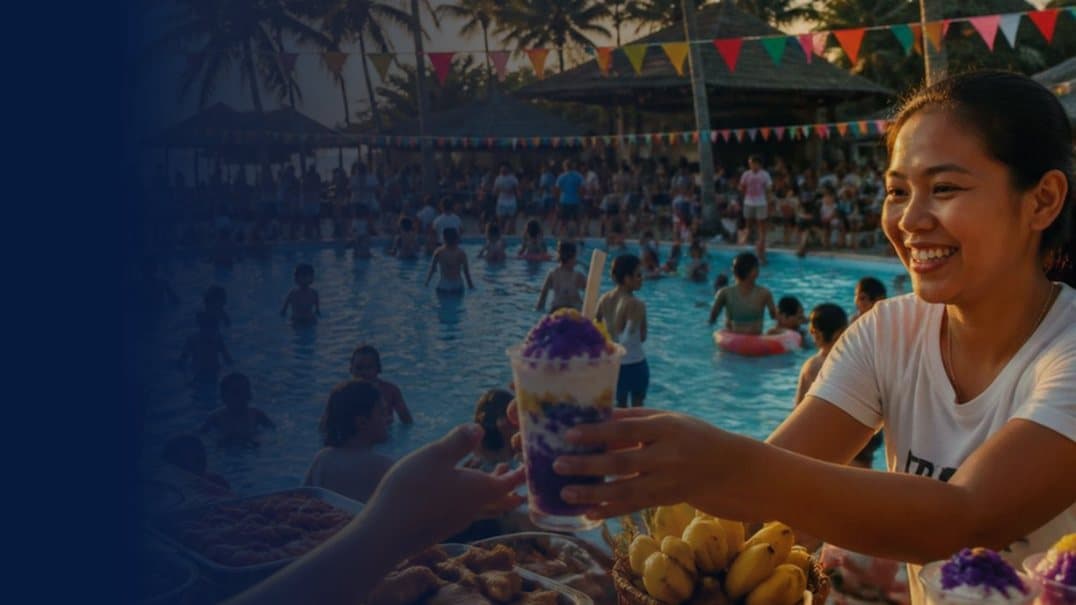 Guests enjoying the pool and sharing halo-halo at a Filipino summer water festival