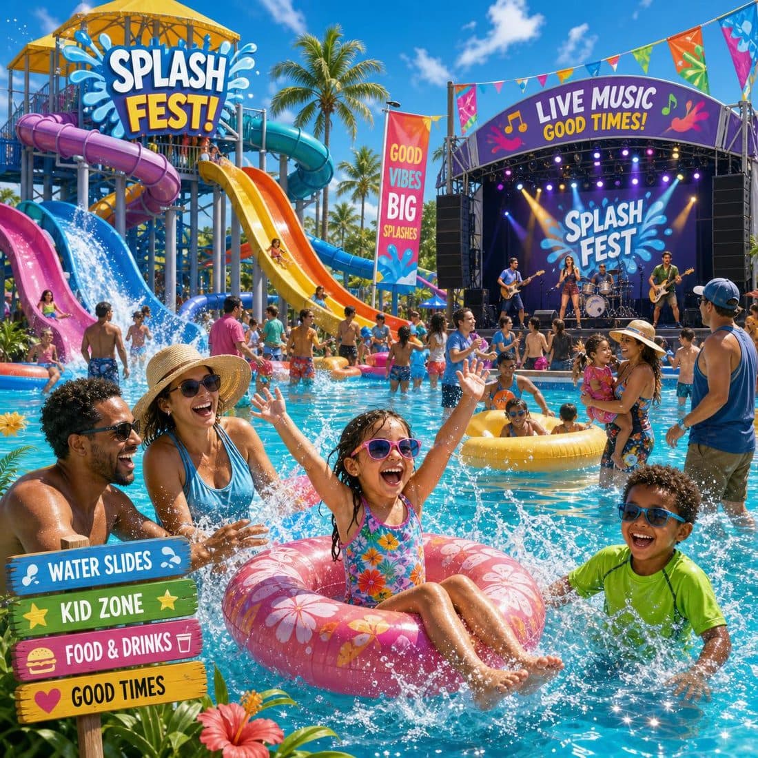 WACA Fest poster artwork showing families enjoying waterslides and pools
