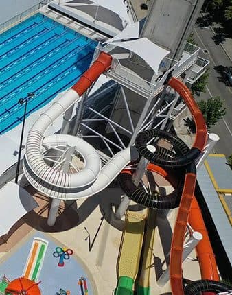 Twisting waterslides at the splash park